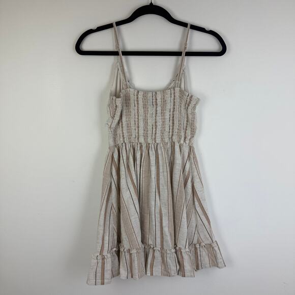 Winsdor Womens Button Striped Spaghetti Strap Cute Skater Beige Mini Dress Small - Picture 3 of 11